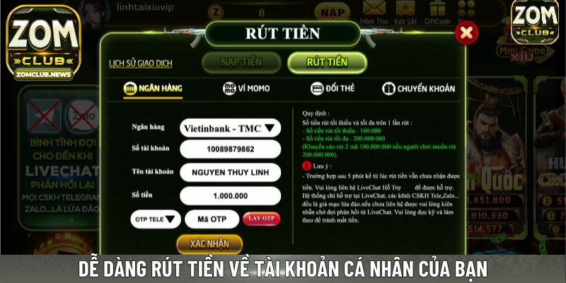 Dễ dàng rút tiền về tài khoản cá nhân của bạn